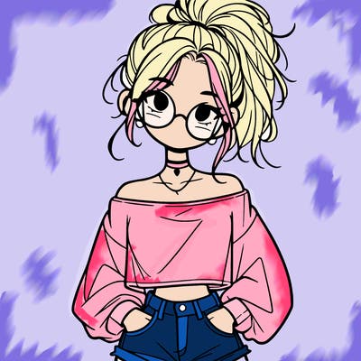 girl with a messy ponytail glasses a baggy crop top and jean shorts