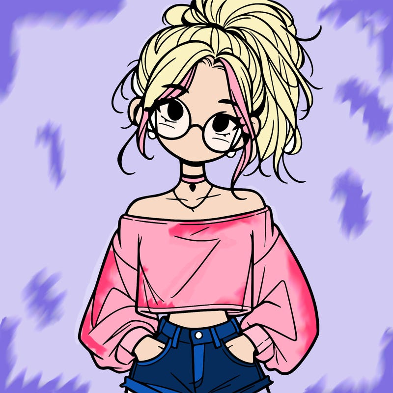 girl with a messy ponytail glasses a baggy crop top and jean shorts