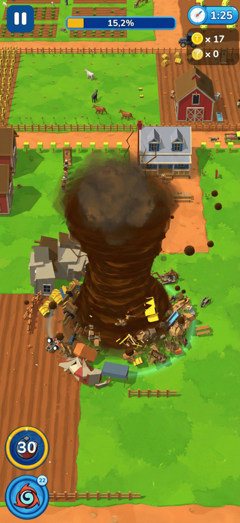 A large brown tornado swallowing buildings on a farm in Tornado io game
