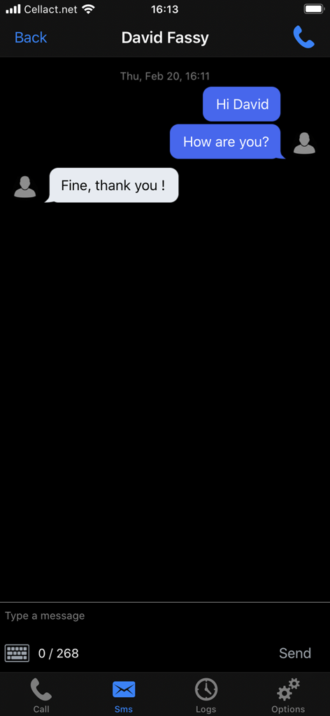 Secnum - Captura de pantalla de la pantalla de mensajería SMS de la aplicación Secnum mostrando una conversación con David Fassy.