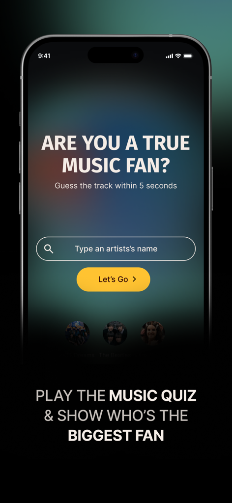 Muzify Inc - Interface of Muzify app prompting users to start a music quiz by typing an artist name