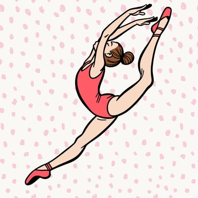 gymnast doing a leap in a leotard with a bent back leg
