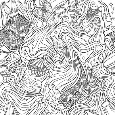 Unleash your creativity with this captivating seamless coloring pattern, blending vibrant fashion and beauty elements into a mesmerizing psychedelic design. Discover flowing dresses, delicate accessories, and makeup essentials intertwined within an endless swirl of artistic lines.