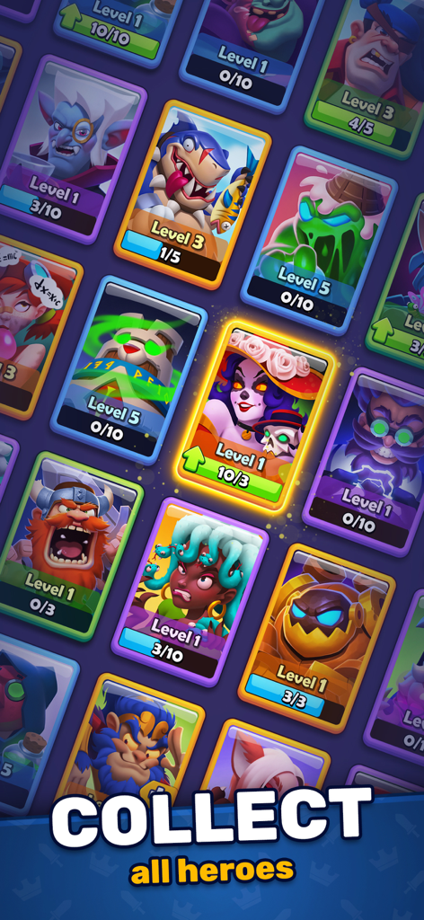 A collection of colorful hero cards from the LUDUS strategy game showing different levels and character designs