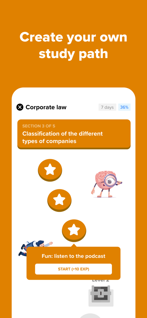 Interfaccia dell'app Nerdmask che mostra un percorso di studio gamificato per un corso di diritto societario con livelli e premi