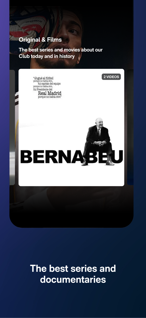 RM Play - RM Play App-Bildschirm, der Original-Serien und Dokumentationen von Real Madrid wie Bernabeu zeigt