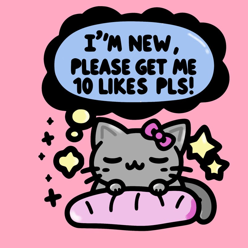 kitty taking a nap dream talking and saying "i'm new, please get me at least 10 likes pls!!"