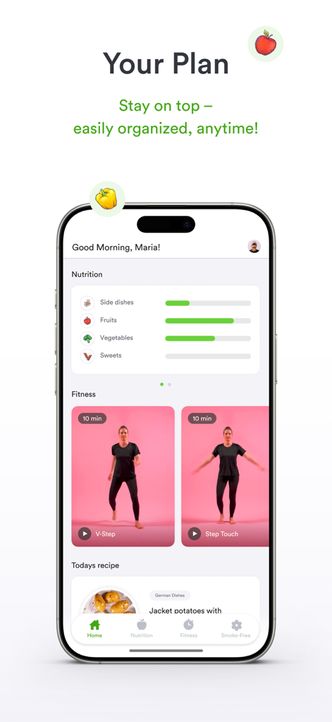 tala-med Cardio - The tala-med Cardio app home screen displaying a personalized health plan with nutrition tracking and fitness video tutorials.
