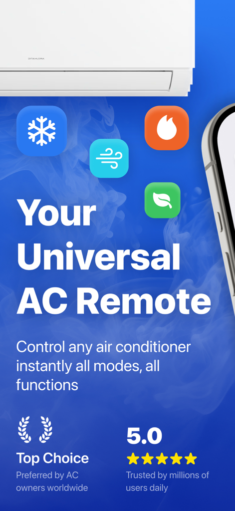 Universal AC Remote Control ‧ - Interfaz de la aplicación Control Remoto Universal de Aire Acondicionado que muestra iconos de modo de enfriamiento, calefacción y ventilador con una calificación de cinco estrellas