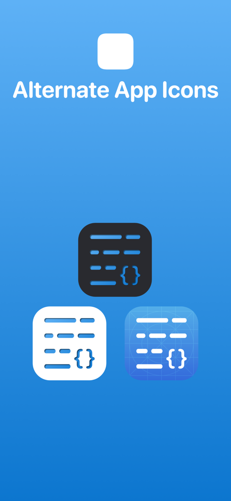Snippets Studio - Uma vitrine de ícones alternativos de aplicativos para Snippets Studio em vários temas de cores, incluindo estilos de grade escuros, brancos e azuis