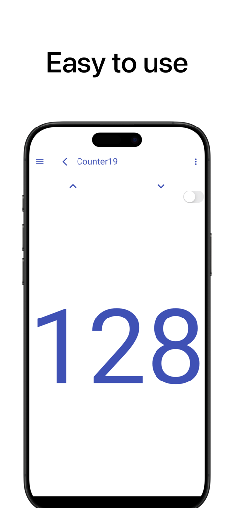 Smartphone screen showing a simple tally counter with the number 128 and the text Easy to use.