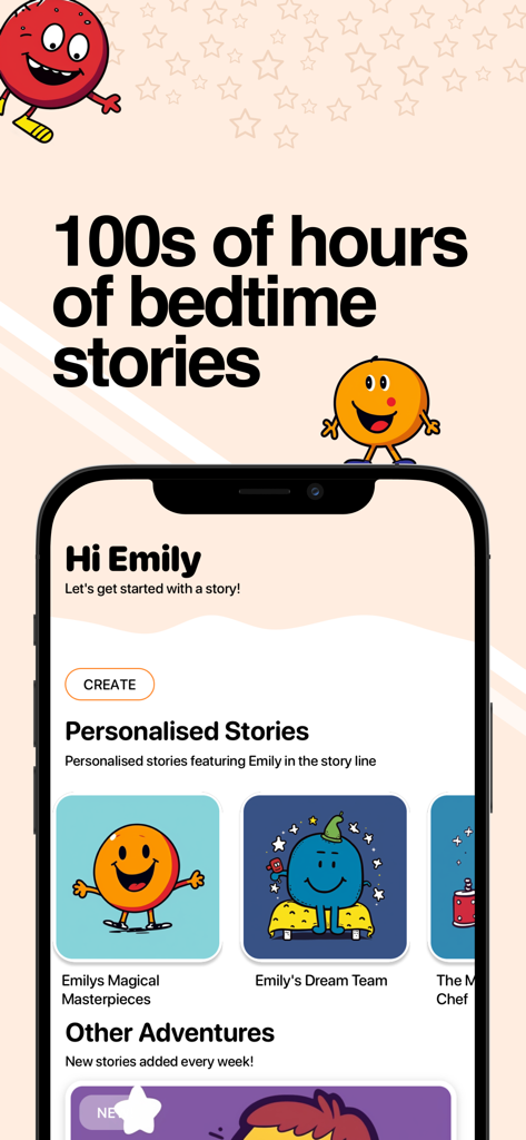 Dreamtales app screen showing a personalized story library for a child named Emily