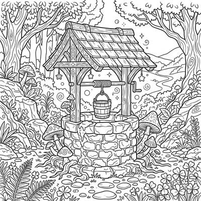 Step into a whimsical woodland scene where wishes come true with this enchanting wishing well coloring page. This full-scene illustration invites you to explore a magical forest filled with intricate details and mystical charm.