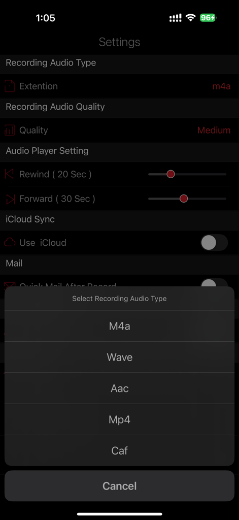 HD Recorder Pro : Voice Editor - Audio format selection menu and recording settings in the HD Recorder Pro voice editor app