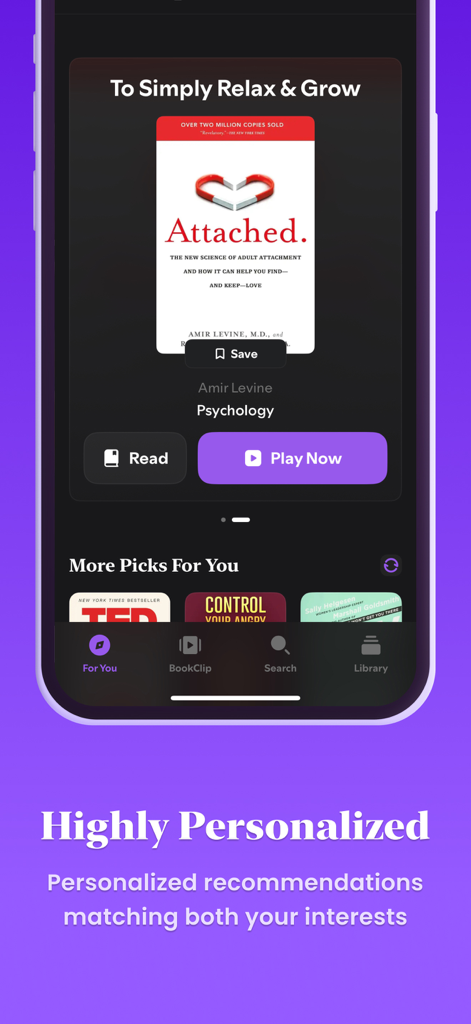 MindUp: Master a book everyday - MindUp mobile app interface showing personalized book recommendations and a summary of the book Attached by Amir Levine