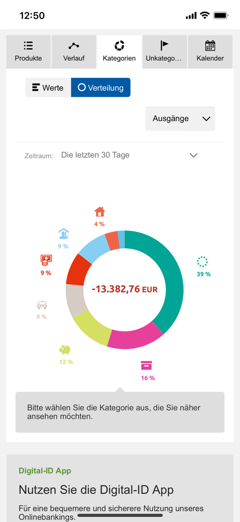 Bank Burgenland Banking - Un gráfico circular que muestra la categorización y distribución de los gastos financieros dentro de la aplicación Bank Burgenland.