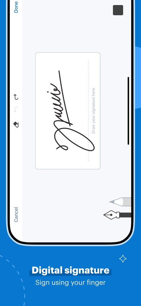 SignNow app screen for creating a digital signature using a finger