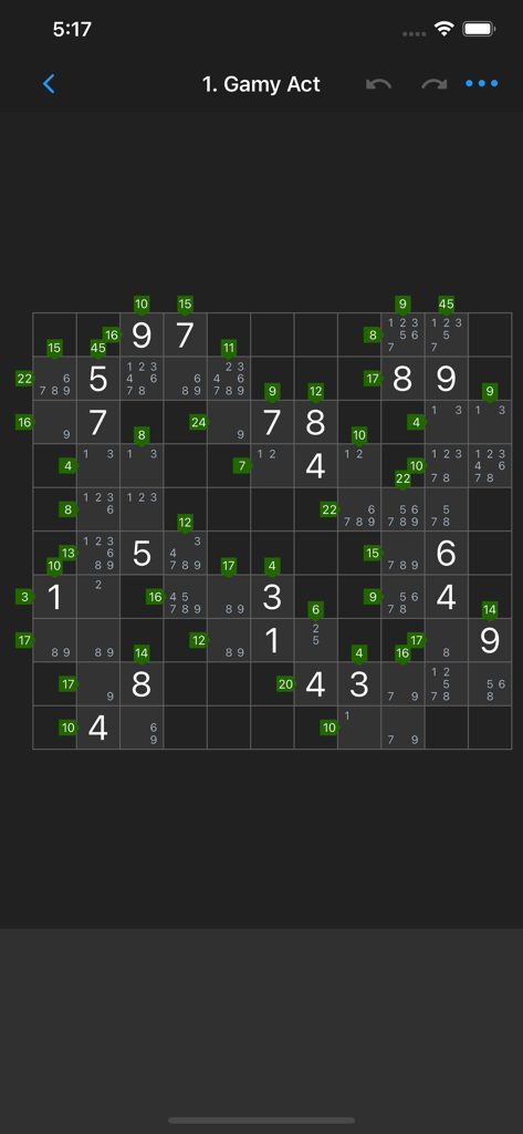 Kakuro - Classic - Uma grade de quebra-cabeça Kakuro minimalista escura mostrando pistas numéricas em marcadores verdes e pequenos números candidatos para resolução lógica.