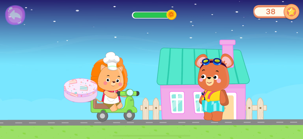 Cake Maker Kids Cooking Games - Chef león animado entregando un pastel en un scooter a un amigo oso