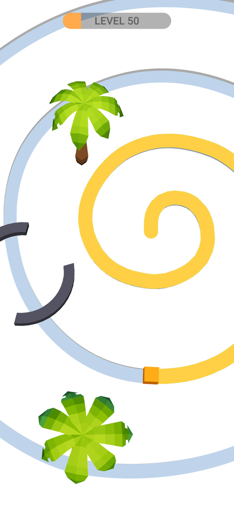 Line Color 3D - ミニマルな3D環境で、オレンジのキューブが黄色い螺旋状の道をペイントしている様子。