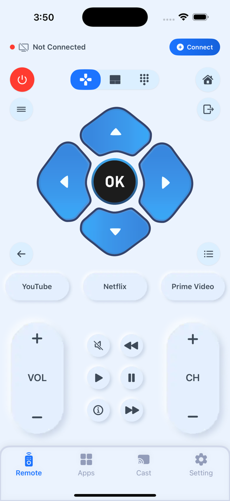 Smart view for samsung tv - Interface de télécommande numérique sur un iPhone pour un téléviseur Samsung intelligent, comprenant des raccourcis de navigation et de streaming.