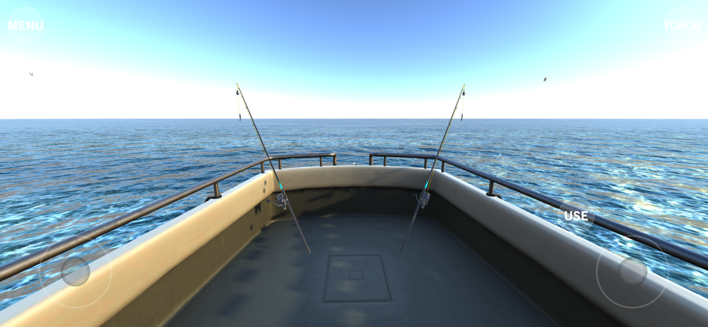 Sea Fishing Simulator - First person view of fishing rods on a boat in the middle of the sea