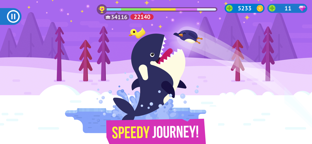 バウンスマスターズのゲームで、紫色の北極の風景の中をジャンプするシャチをペンギンが飛び越えている様子