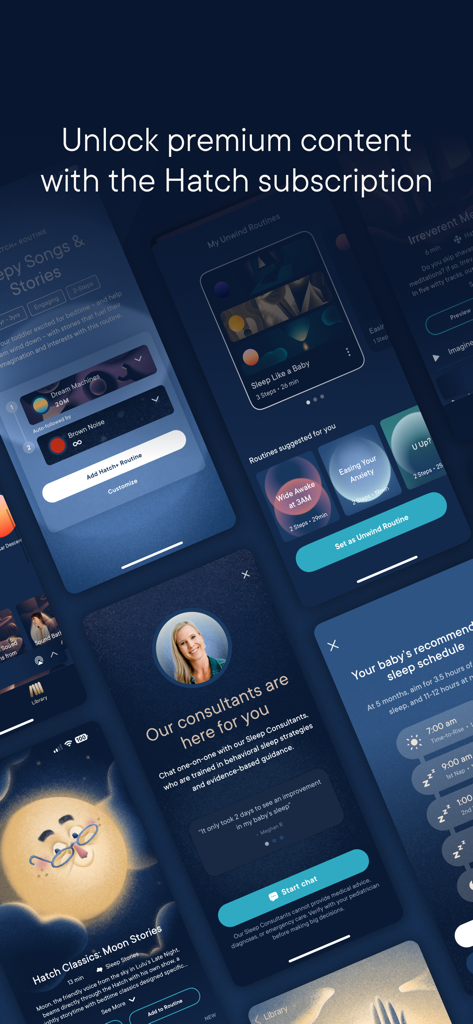 Hatch Sleep - Mobile app screens showcasing Hatch Sleep premium subscription features and sleep routines