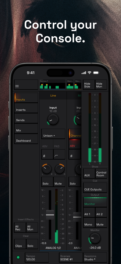 Console Remote Control - Console Remote Control app interface displaying digital audio mixer controls and faders