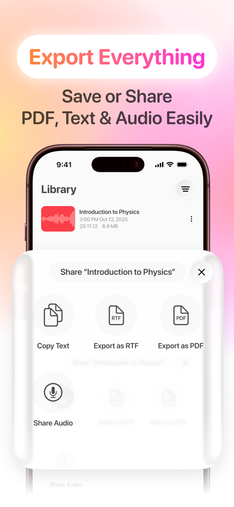 AI Lecture Note Taker - AI Lecture Note Taker app interface showing export options for PDF RTF text and audio files