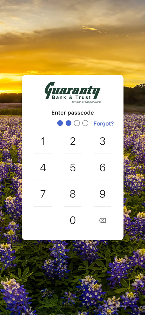 Guaranty Bank & Trust - Guaranty Bank and Trust mobile app login screen featuring a numeric keypad for passcode entry over a field of bluebonnets at sunset