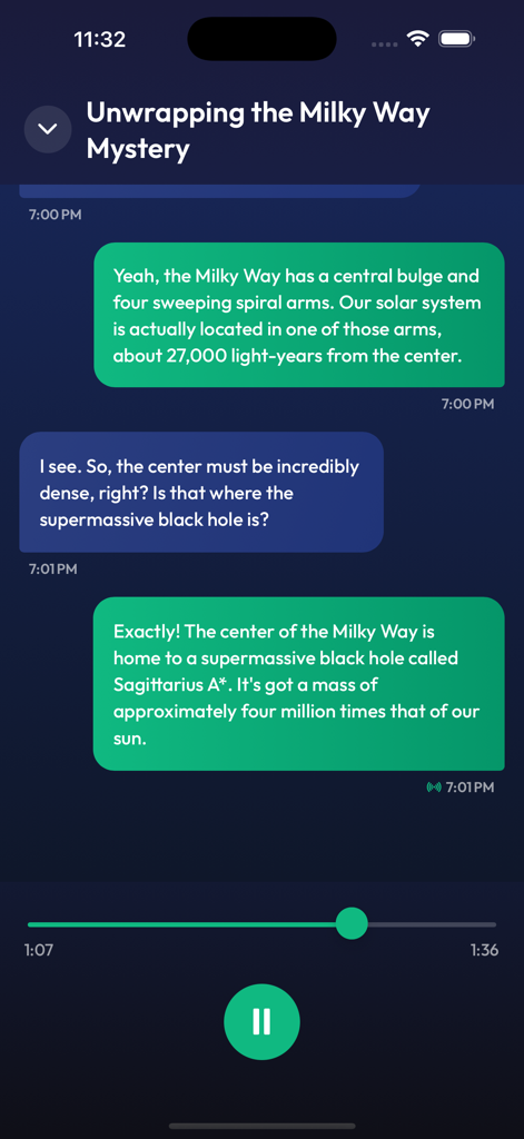 Convo AI - Learn Anything - A conversational AI interface in the Convo AI app featuring an educational podcast transcript about the Milky Way.