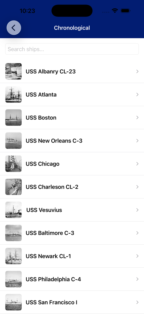 Cruisers of the US Navy - A screen showing a chronological list of US Navy cruisers including the USS Albany and USS Boston with historical photos.