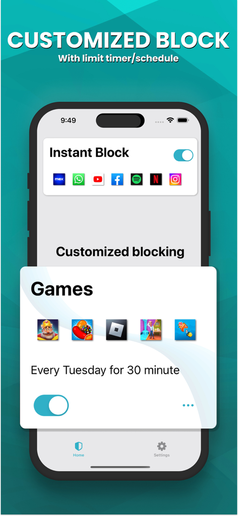 Interfaz de la app LockIt que muestra el bloqueo y la programación personalizados para redes sociales y apps de juegos.