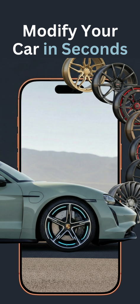 AI Car Modification - CarModo - CarModo app interface showing AI car modification and custom wheel rim options on a Porsche Taycan.