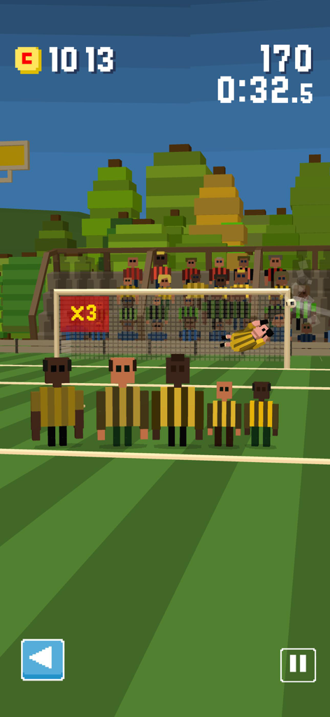 Boot That Ball - 복셀 스타일 환경에서 선수 벽과 다이빙하는 골키퍼를 보여주는 Boot That Ball 프리킥 모드