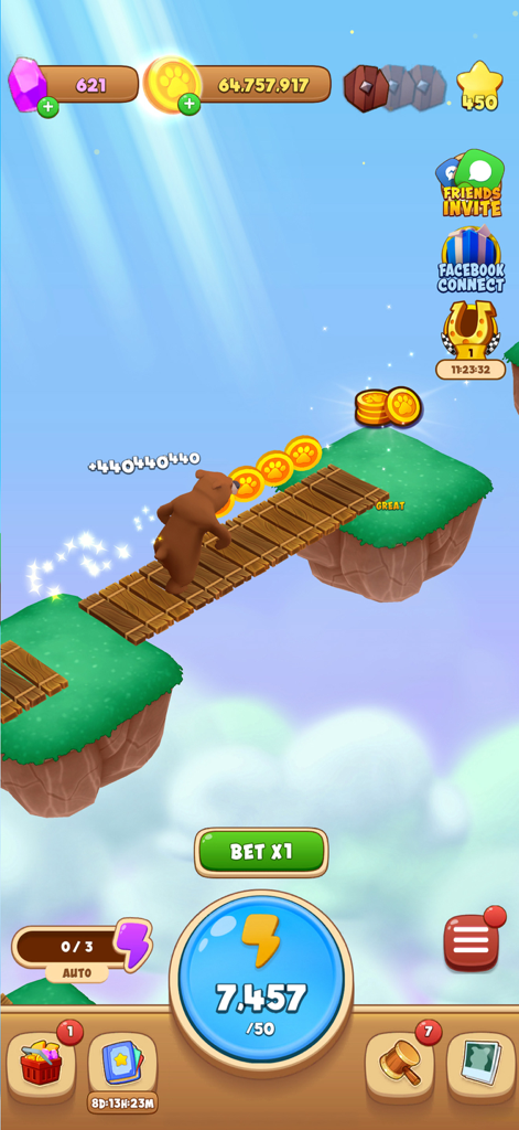 Un personaje oso cruza un puente de madera entre islas flotantes para recolectar monedas en Animales y Monedas.