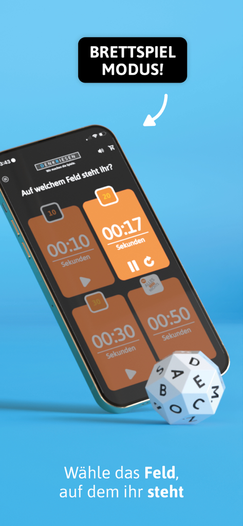 Teléfono inteligente mostrando varios temporizadores de cuenta atrás para un juego de mesa junto a un dado de letras