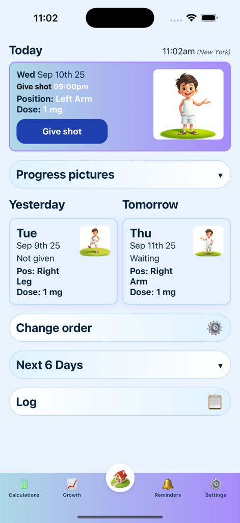 GH Tracker - The main dashboard of the GH Tracker app displaying a growth hormone injection schedule and body site rotation guide for a child
