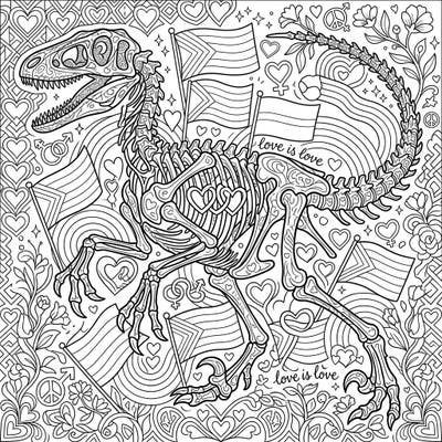 Dive into a prehistoric-meets-pride coloring adventure with this unique Velociraptor fossil design. Celebrate love and diversity as you bring vibrant hues to ancient bones and joyful symbols.