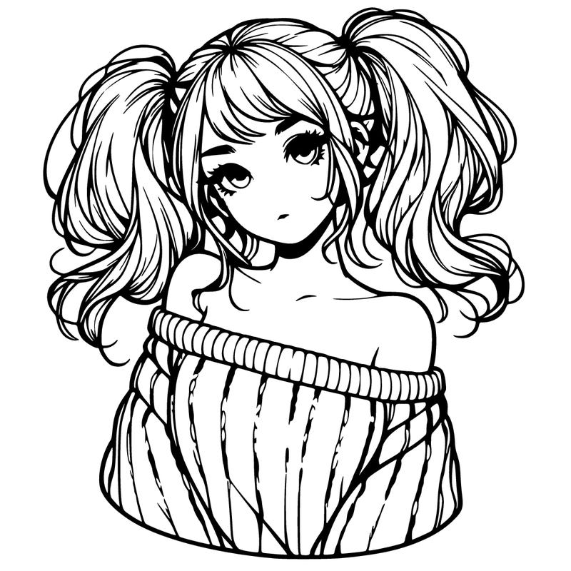 realistic girl wearing a sweater that falls off her shoulders with her hair in two high pigtails
