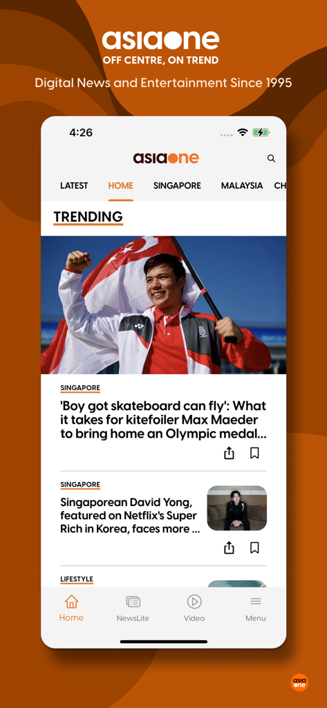 Homepage dell'app di notizie AsiaOne con storie di tendenza di Singapore e categorie.