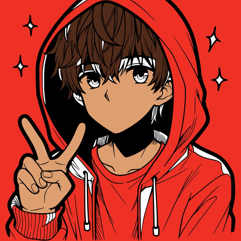 teenage manga boy in a hoodie, doing ✌