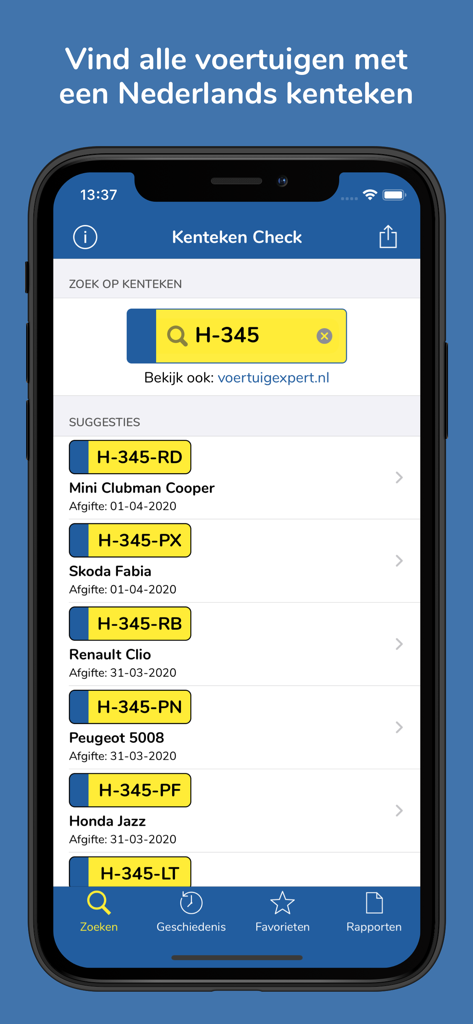 Kenteken Check - Écran de recherche de l'application Kenteken Check affichant des suggestions de plaques d'immatriculation néerlandaises et des modèles de véhicules.