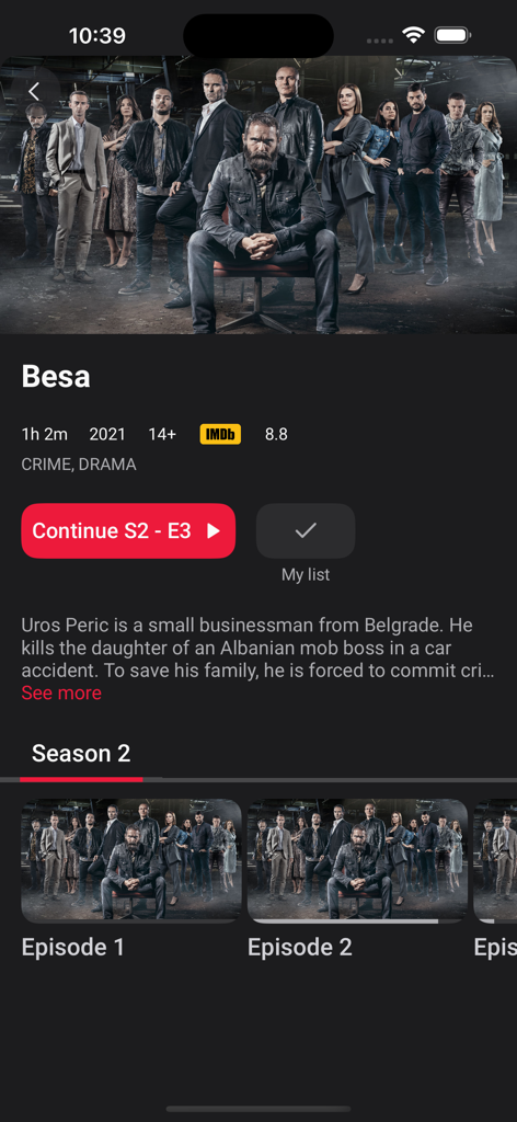 MOVE TV - Oberfläche der MOVE TV App mit Details zur serbischen Krimiserie Besa