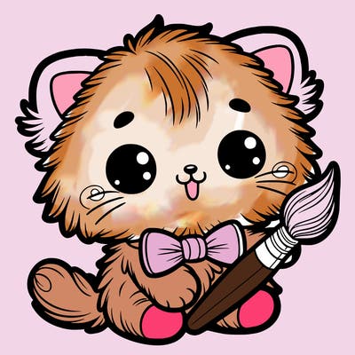 an adorable fluffy kitten holding a paintbrush