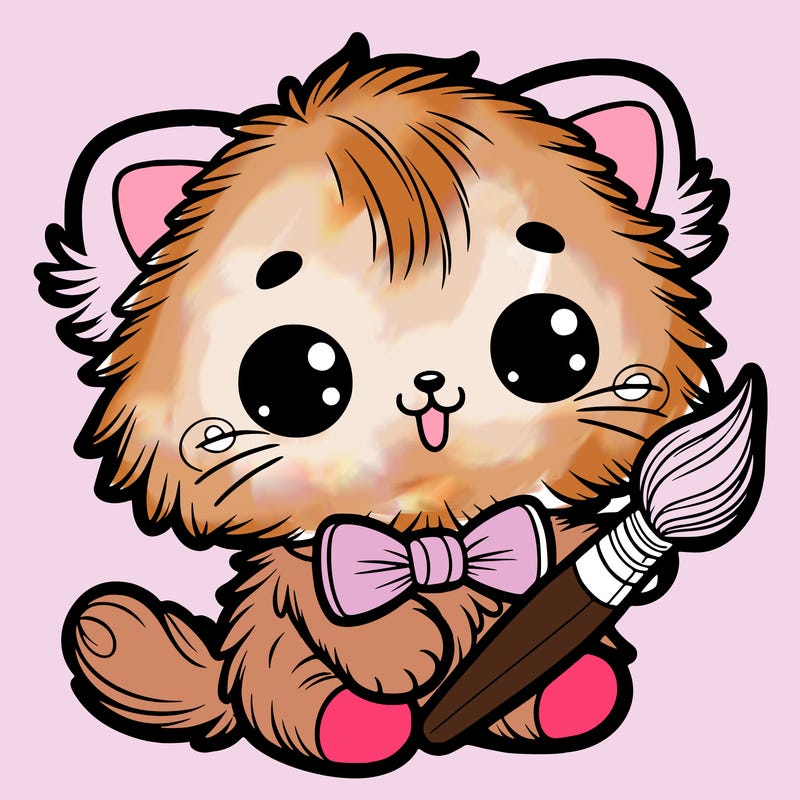 an adorable fluffy kitten holding a paintbrush