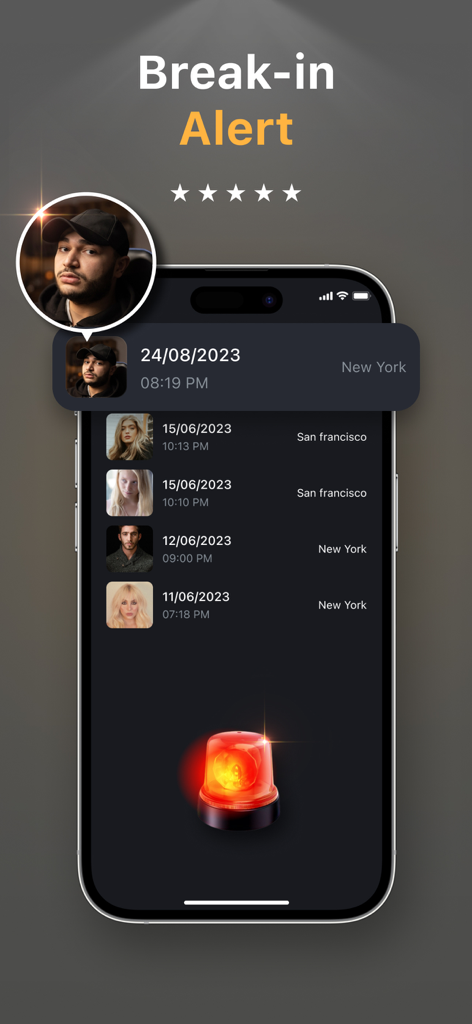 Photo Vault & App Lock - PicX - Pantalla de Alerta de Intrusión de la app Bóveda de Fotos mostrando fotos capturadas y ubicaciones de intentos de acceso no autorizado