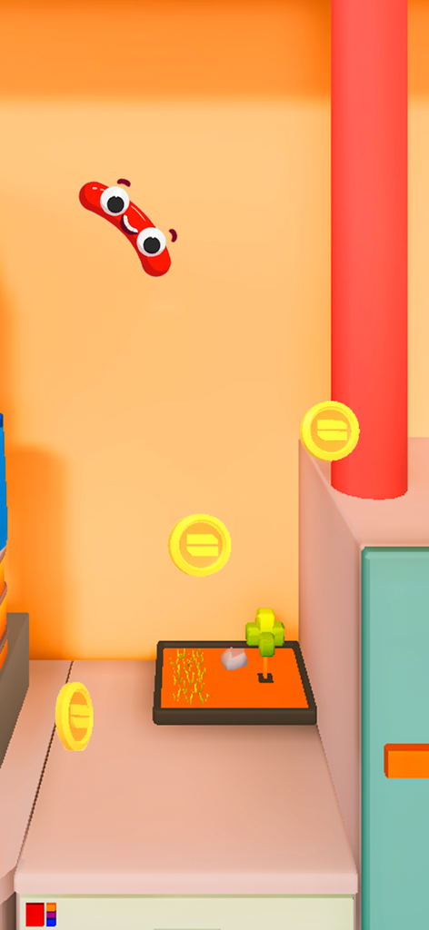 Sausage Game: Jump & Flip - A cartoon sausage flipping through the air to collect gold coins in a kitchen setting