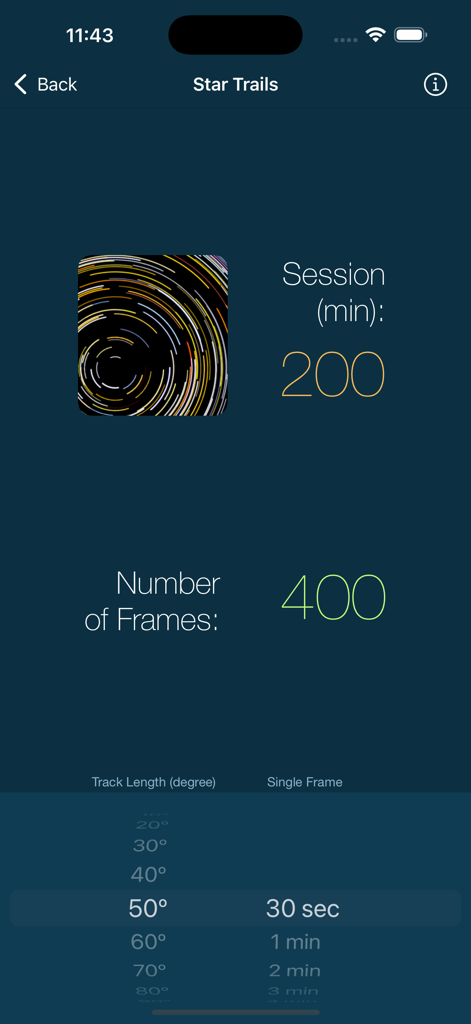 LExp - Long Exposure Calcs - LExp app Star Trails calculator screen showing settings for a 200 minute session with 400 frames and a 50 degree track length.